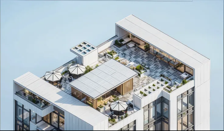 Rooftop garden cafe on 20th Apartment building . Realistic. people on walkways, roof top gardens, in acity