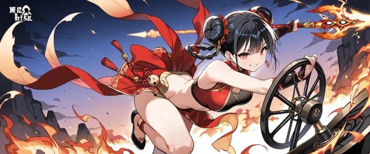 (masterpiece, best quality, ultra detailed, chinese mythology fantasy style, 4k), a fierce and enchanting female version of Nezha (Na Tra), riding atop her blazing flame wheels (Phong Hỏa Luân) high in the sky. Her pose is dynamic and commanding — one leg ...