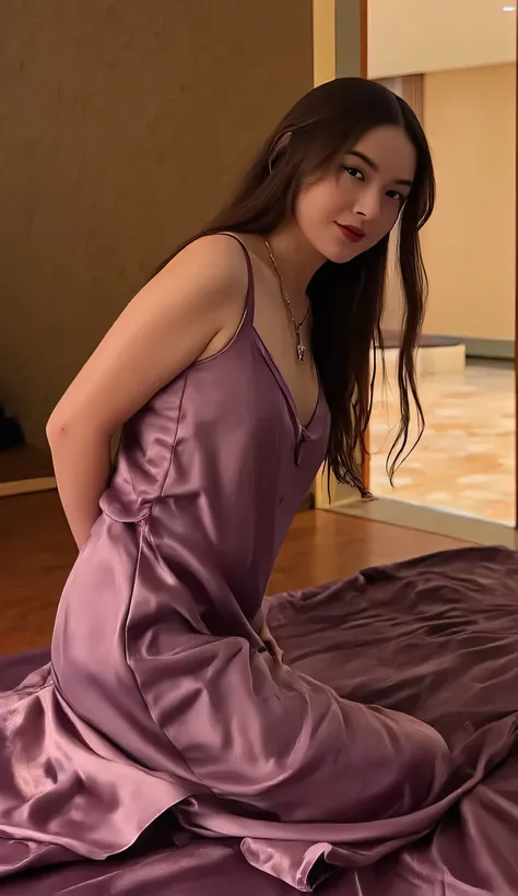 a woman, kneeling on a front facing body mattress, using a short nightgown in purple satin material, Big