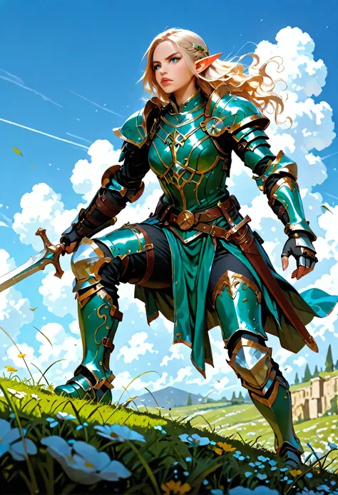 wallpaper of an elf knight, elf warrior, princess knight, shinning knight, ready for battle, female elf (intense details, Masterpiece, best quality), full body ultra detailed face, ultra feminine, fair skin, exquisite beauty, gold hair, long hair, wavy hai...