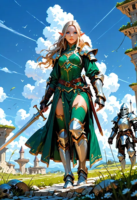 wallpaper of an elf knight, elf warrior, princess knight, shinning knight, ready for battle, female elf (intense details, Masterpiece, best quality), full body ultra detailed face, ultra feminine, fair skin, exquisite beauty, gold hair, long hair, wavy hai...