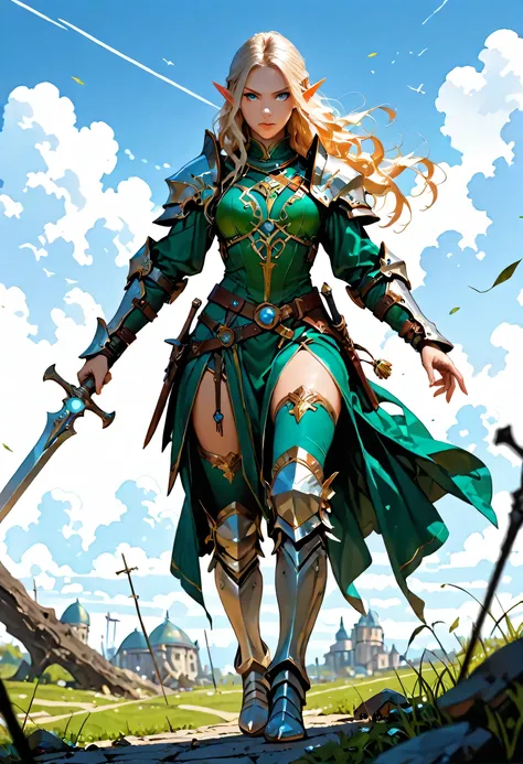 wallpaper of an elf knight, elf warrior, princess knight, shinning knight, ready for battle, female elf (intense details, Masterpiece, best quality), full body ultra detailed face, ultra feminine, fair skin, exquisite beauty, gold hair, long hair, wavy hai...