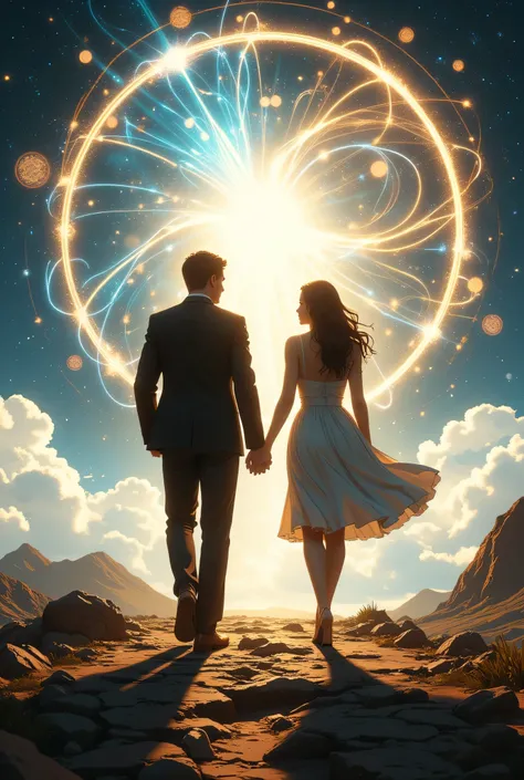 Beginning, universe, fusion, cycle, peace, a man and woman walking hand in hand toward the light of the future, stylish, aspect ratio 3:4