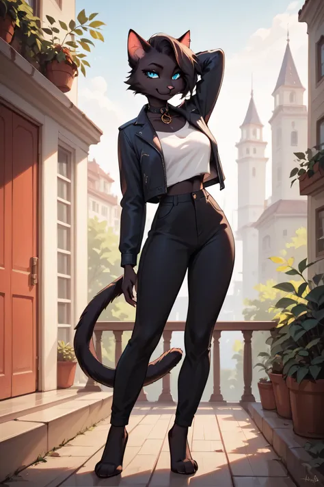 masterpiece, best quality, very aesthetic, absurdres,
outdoors, casual,
standing, posing,
full body, seductive smile, parted lips, long eyelashes,
Catt,1girl,solo,furry female,cat girl,cat ears,jewelry,blue eyes,snout,animal nose,collar,black fur,cat ta...