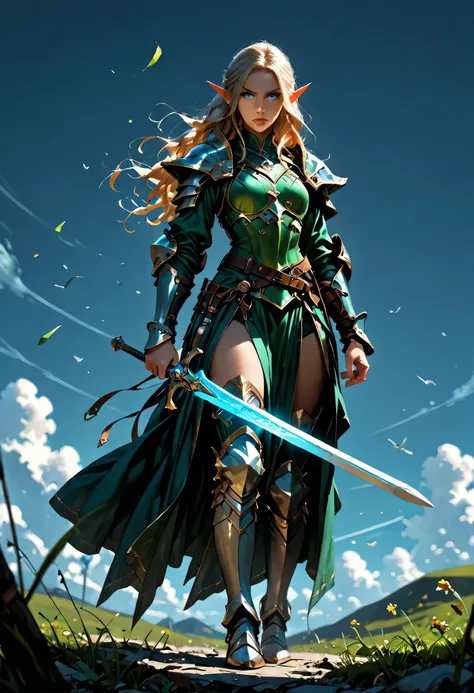 wallpaper of an elf knight, elf warrior, princess knight, shinning knight, ready for battle, female elf (intense details, Masterpiece, best quality), full body ultra detailed face, ultra feminine, fair skin, exquisite beauty, gold hair, long hair, wavy hai...
