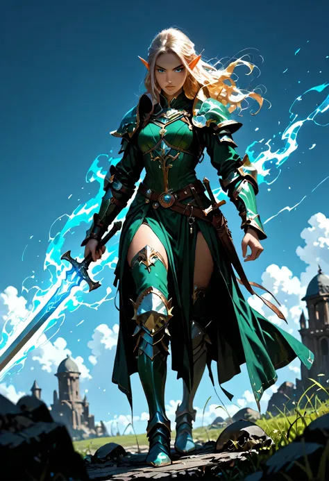 wallpaper of an elf knight, elf warrior, princess knight, shinning knight, ready for battle, female elf (intense details, Masterpiece, best quality), full body ultra detailed face, ultra feminine, fair skin, exquisite beauty, gold hair, long hair, wavy hai...