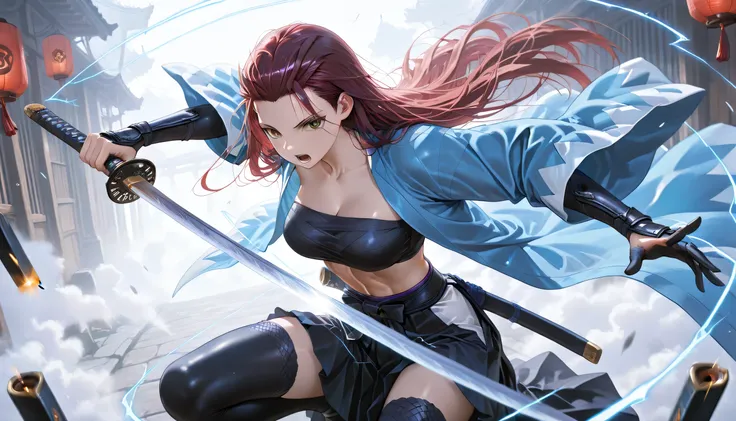 (masterpiece, best quality, ultra detailed, anime realism, 4K),  
a deadly and seductive female version of Saitō Hajime performing Gatotsu thrust, inspired by Rurouni Kenshin.  
She is mid-attack, in a lunging forward motion — one arm extended with a katan...