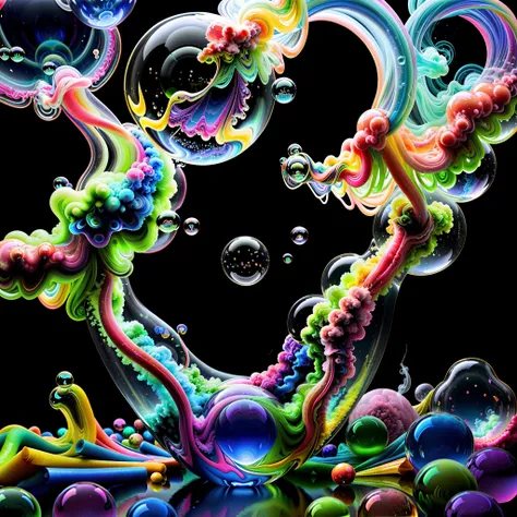 Pure light emerging from vibrant colors in a psychedelic dream, shimmering glass morphing out of colors, detailed patterns in bright colors, perfectly formed symmetrical glass spheres and glowing reflective bubbles, attention to detail on the bubbles and ...