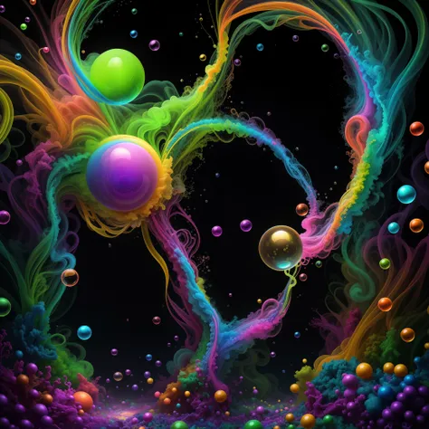 pure light emerging from vibrant colors in a psychedelic dream, shimmering glass morphing out of colors, tripped out detailed patterns in all colors, perfectly formed symmetrical spheres and glowing reflective bubbles, attention to detail on the bubbles a...
