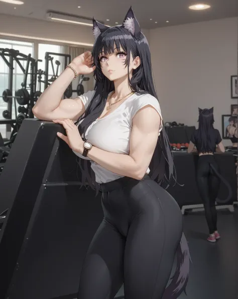 Tall girl, Fit girl,score_9, score_8_up, score_7_up, score_6_up, uncensored, delta, long hair, black hair, animal ears, purple eyes, cat ears, animal ear fluff, facial, animal tail, cat tail, Thick furry cat tail, mark,huge breast, 1girl, watch, photo_back...