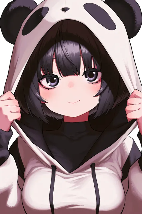 kmj-anonstyle, [artist:yoneyama mai], (atahuta:0.5), [artist: ekrea_jan], masterpiece,best quality,amazing quality, 748cmstyle, solo, eye focus, pulling hood, panda ears, short hair, black hair, hoodie, cute expression, medium breasts, looking at viewer
