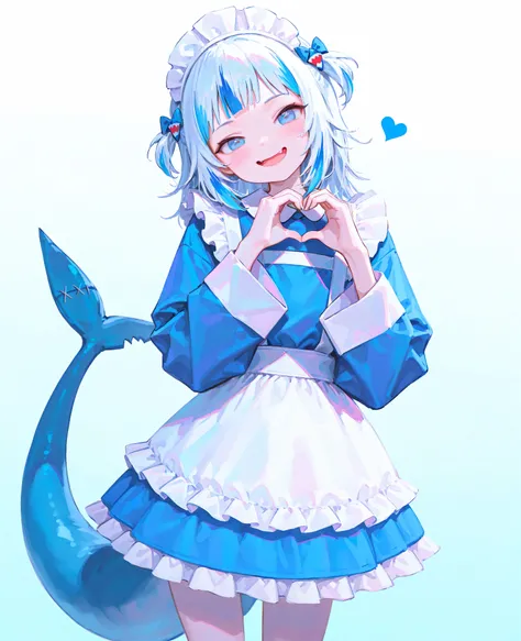 gawr gura, hololive english, (shark girl:1.2), 1girl, maid uniform, maid headdress, frilly apron, ruffled skirt, shark tail, fang smile, open mouth, big round eyes, (cute:1.3), (maid:1.1), (shark tail:1.2), (fang smile:1.2), (blue hair:1.1), short hair, ha...