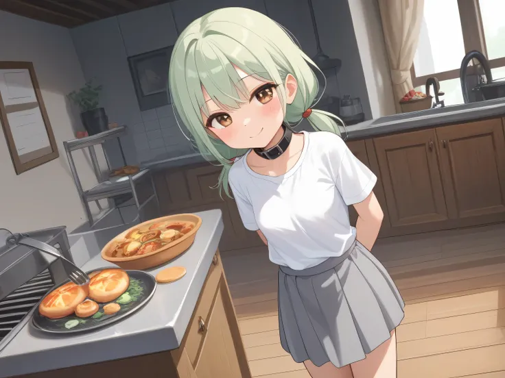 NSFW, masterpiece, 1 girl, small sized breasts, Grey Skirt, White shirt, Short stature, low twin tails, (light green hair:1.3), Brown eyes, (Black collar), Background is a dark room, There is cooking on the table, arms behind back, light smile, blush, s...