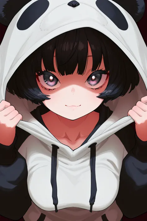 kmj-anonstyle, [artist:yoneyama mai], [artist: ekrea_jan], masterpiece,best quality,amazing quality, 748cmstyle, solo, eye focus, anime screencap, pulling hood, panda ears, short hair, black hair, hoodie, cute expression, medium breasts, looking at viewer
