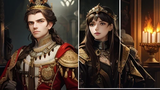 "A dramatic collage of ancient rulers in a realistic, painterly style. Cleopatra with intense eyes and golden Egyptian headdress on the left. Nero looking menacing with fire in the background. Queen Elizabeth I in a regal red dress with a crown, looking th...
