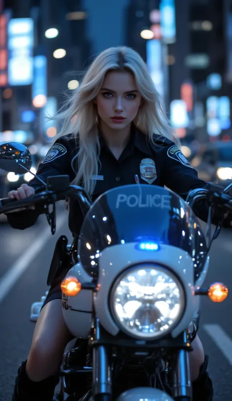 one female, (Police motorbike), ((Highest quality)), ((masterpiece)), (detailed), ((very detailed face)), High resolution photograph, full body portrait, slim face, pretty woman, (platinum blonde long hair), blue eyes, detail eyes, double eyelids, (Beautif...