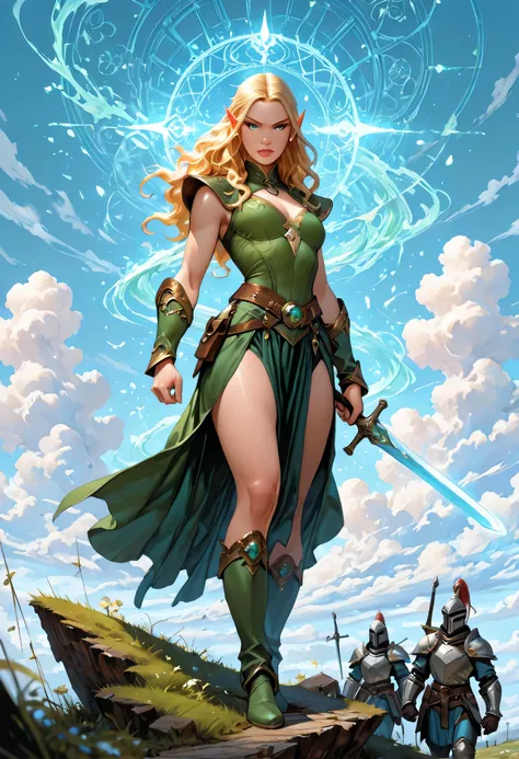 wallpaper of an elf knight, elf warrior, princess knight, shinning knight, ready for battle, female elf (intense details, Masterpiece, best quality), full body ultra detailed face, ultra feminine, fair skin, exquisite beauty, gold hair, long hair, wavy hai...