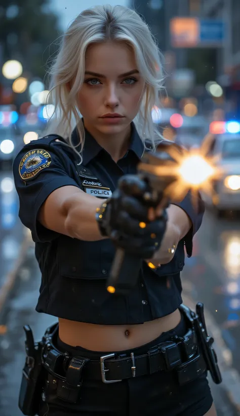 one female, (Police cars), ((Highest quality)), ((masterpiece)), (detailed), ((very detailed face)), High resolution photograph, full body portrait, slim face, pretty woman, (platinum blonde hair), blue eyes, detail eyes, double eyelids, (Beautiful Delicat...