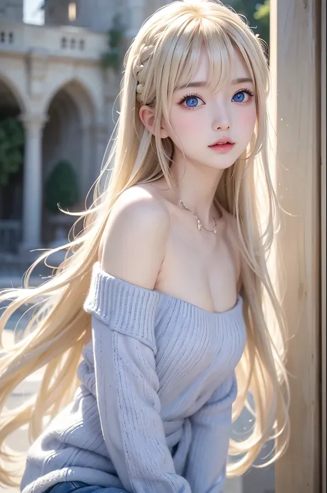 Beautiful white and radiant skin、blond hair changes color depending on how light hits it.、 long bangs block view 、 Gloss highlights on her cheeks 、sexy, so beautiful, adorable by design, cute, beautiful face above the castle gate、世界で最もbeautiful face above...