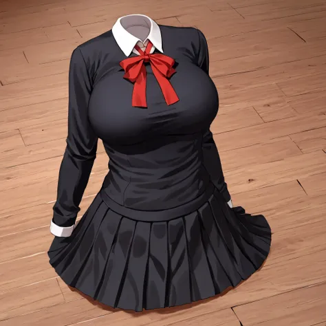 (invisible:1.5, no humans:1.5, headless:1.5, faceless:1.5), ( shuuchiin_academy_uniform, fujiwara_chika, school_uniform, red_ribbon, breasts, black_dress, long_sleeves:1.2), on bed, (big breast), (best quality, masterpiece:1.2), detailed cloth texture, ((d...
