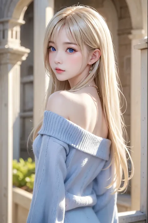 Beautiful white and radiant skin、blond hair changes color depending on how light hits it.、 long bangs block view 、 Gloss highlights on her cheeks 、sexy, so beautiful, adorable by design, cute, beautiful face above the castle gate、世界で最もbeautiful face above...