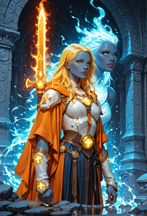 portrait of a female cleric ((dark blue skin: 1.5)), intense details facial details, exquisite beauty, cleric, (dark blue skin: 1.5)) female, ((yellow hair: 1.5)), long hair, (((no ears: 1.5))), (green eyes: 1.3), armed with a fiery sword red fire, wearing...