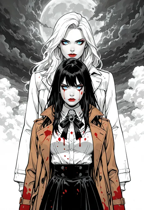 score_9, score_8_up, score_7_up,goth black and white anime art, (black and white art: 1.5) mostly black and white, a picture of a beautiful female vampire, best detailed face, black hair, long hair hair, blue eyes, wearing trench coat, wearing a skirt, wea...