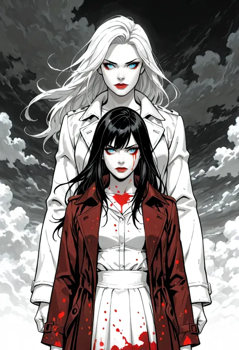 score_9, score_8_up, score_7_up,goth black and white anime art, (black and white art: 1.5) mostly black and white, a picture of a beautiful female vampire, best detailed face, black hair, long hair hair, blue eyes, wearing trench coat, wearing a skirt, wea...