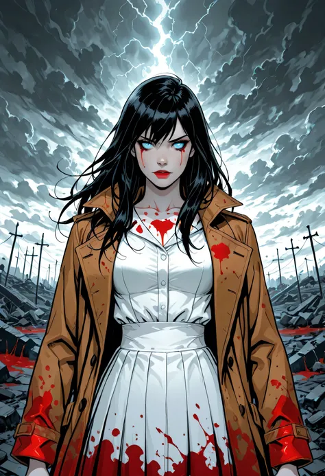 score_9, score_8_up, score_7_up,goth black and white anime art, (black and white art) mostly black and white, a picture of  olo beautiful female vampire, best detailed face, black hair, long hair hair, blue eyes, wearing trench coat, wearing a skirt, weari...