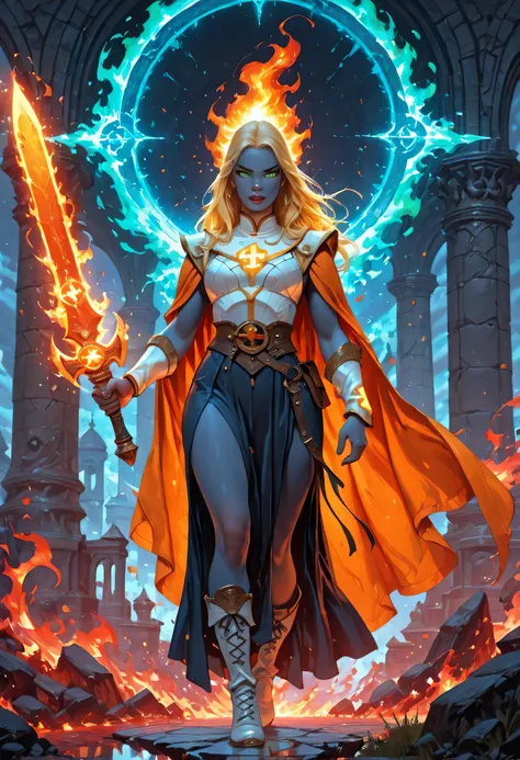 portrait of a female cleric ((dark blue skin)), intense details facial details, exquisite beauty, cleric, (dark blue skin)) female, ((yellow hair)), long hair, (((no ears))), (green eyes), armed with a fiery sword red fire, wearing (twilight priestly comba...