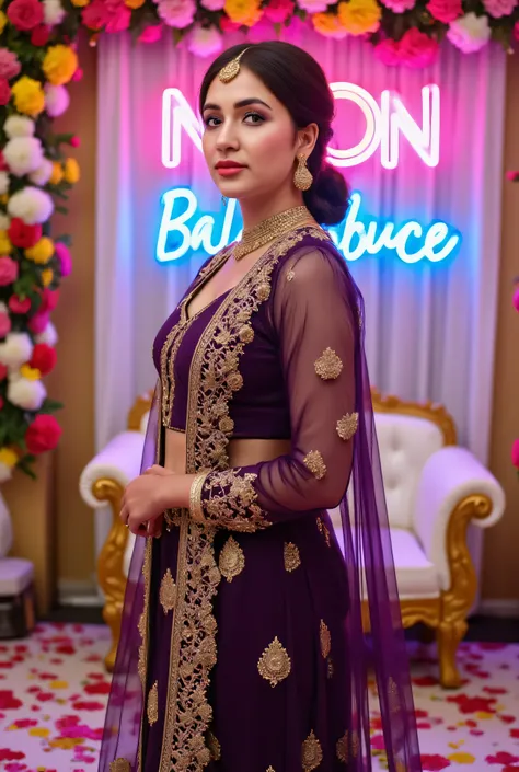 An Indian woman adorned in a rich, deep purple and gold salwar kameez, with intricate threadwork and a luxurious fabric that glistens in the light. She’s standing at a wedding venue with colorful flowers and traditional decorations around her. The atmosphe...
