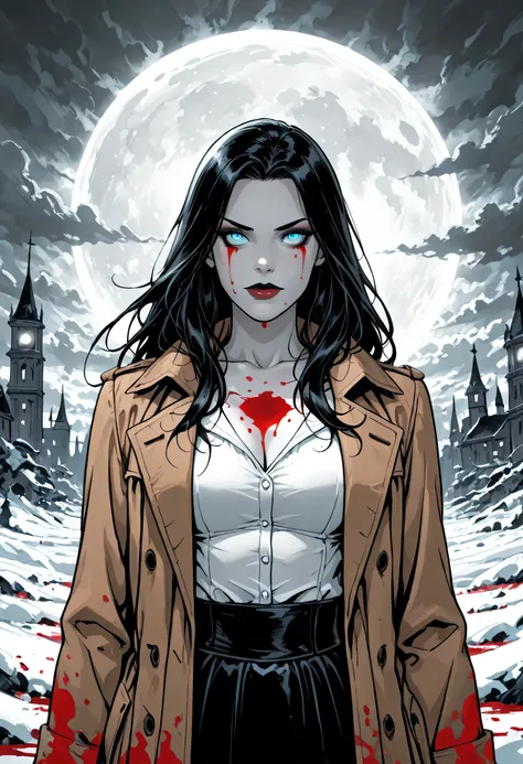 score_9, score_8_up, score_7_up,goth black and white anime art, (black and white art) mostly black and white, a picture of  olo beautiful female vampire, best detailed face, black hair, long hair hair, blue eyes, wearing trench coat, wearing a skirt, weari...