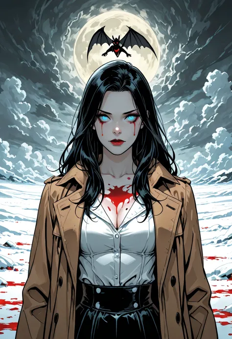 score_9, score_8_up, score_7_up,goth black and white anime art, (black and white art) mostly black and white, a picture of  olo beautiful female vampire, best detailed face, black hair, long hair hair, blue eyes, wearing trench coat, wearing a skirt, weari...
