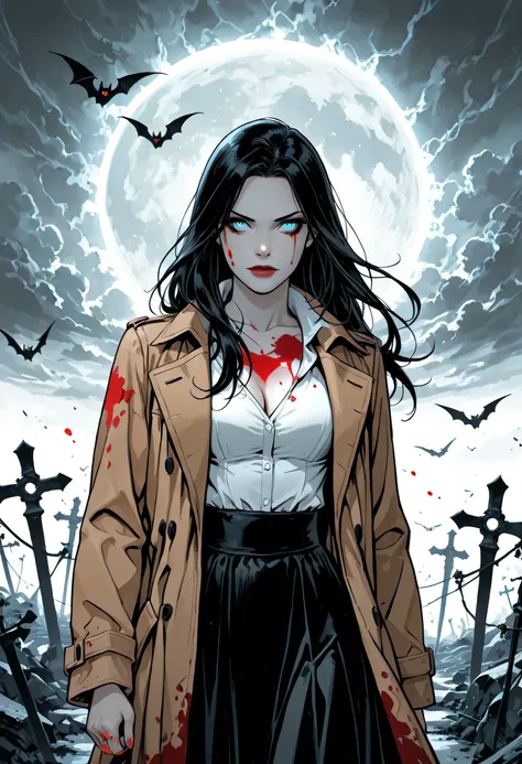 score_9, score_8_up, score_7_up,goth black and white anime art, (black and white art) mostly black and white, a picture of  olo beautiful female vampire, best detailed face, black hair, long hair hair, blue eyes, wearing trench coat, wearing a skirt, weari...