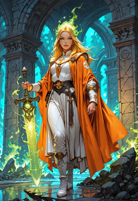 portrait of a female cleric, intense details facial details, exquisite beauty, cleric, female, ((yellow hair)), long hair, green eyes, armed with a fiery sword red fire, wearing (twilight priestly combat vestments), wearing white armor, wearing high heeled...