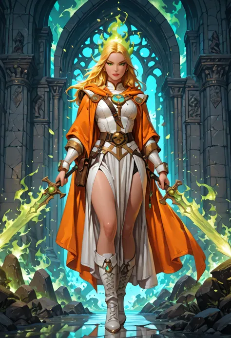 portrait of a female cleric, intense details facial details, exquisite beauty, cleric, female, ((yellow hair)), long hair, green eyes, armed with a fiery sword red fire, wearing (twilight priestly combat vestments), wearing white armor, wearing high heeled...