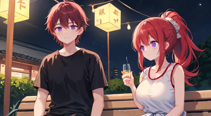 On the way home from the summer festival、man and woman sitting on a bench and chatting。 The girl has red hair、ponytail、purple eyes、big breasts、beautiful、 lori、 wearing a white sleeveless shirt。the boy has brown curly hair、Wearing a rough t-shirt 。 the two ...