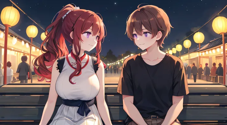 On the way home from the summer festival、man and woman sitting on a bench and chatting。 The girl has red hair、ponytail、purple eyes、big breasts、beautiful、 lori、 wearing a white sleeveless shirt。Men have brown hair、Curly hair、black t-shirt、rough clothes。 the...