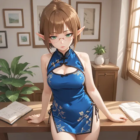 Ein3Tu113, green eyes, brown hair, short hair, pointy ears, glasses, China dress