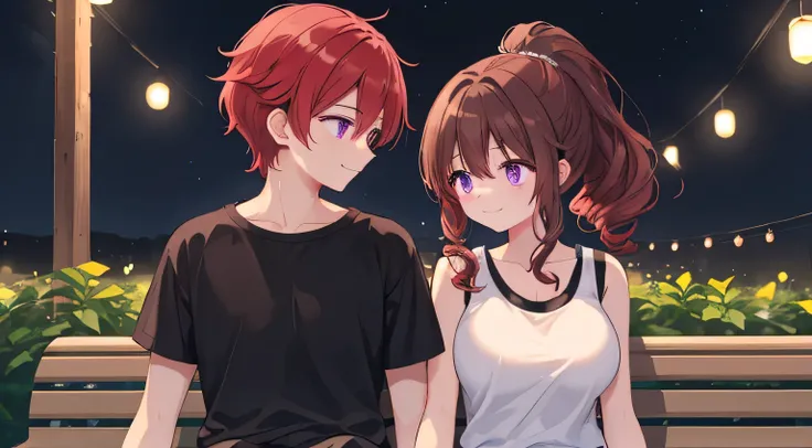 On the way home from the summer festival、man and woman sitting on a bench and chatting。 The girl has red hair、ponytail、purple eyes、big breasts、beautiful、 lori、 wearing a white sleeveless shirt。Men have brown hair、Curly hair、black t-shirt、rough clothes。 the...