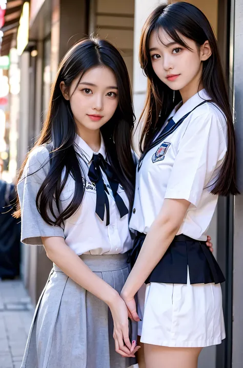 Two girls (18 years old, Japanese pretty face) are wearing high school uniforms with mini skirt on Spring sunny day.