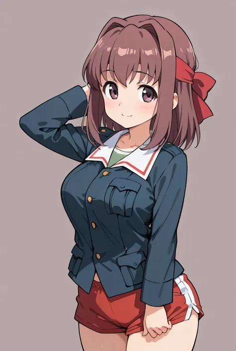 kondou taeko,ooarai military uniform,no skirt,gym shorts,red shorts,cowboy shot,