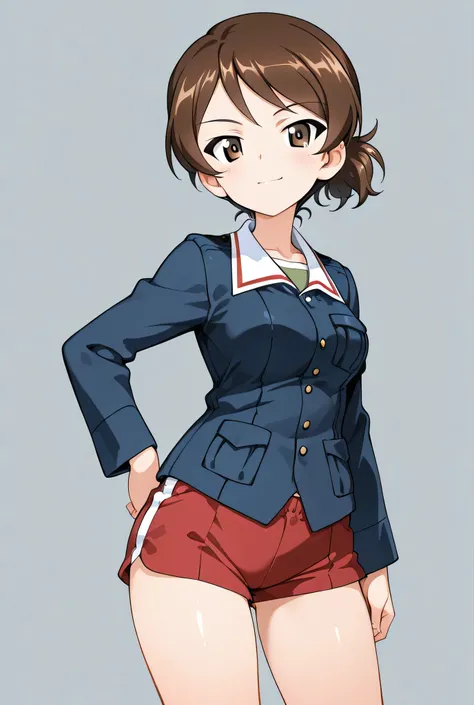 kawanishi shinobu \(girls und panzer\),ooarai military uniform,no skirt,gym shorts,red shorts,cowboy shot,