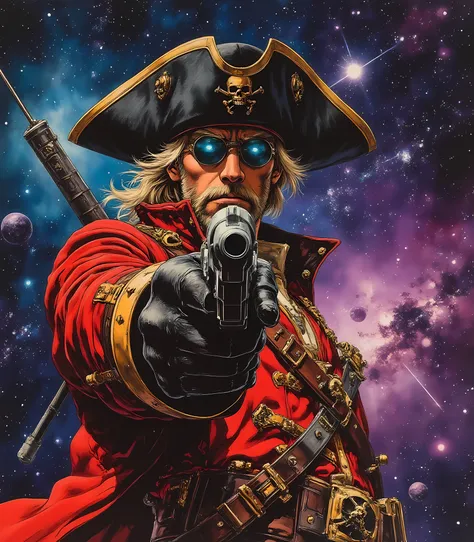 Space pirate Sp4C34N1m3 ,  points the gun at the viewer 