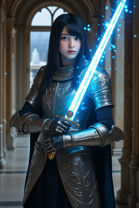 Knights Templar holding a blue glowing sword Highest Quality best quality Intense Flash Blue fireflies Palace of Versailles female 重厚感のある鎧