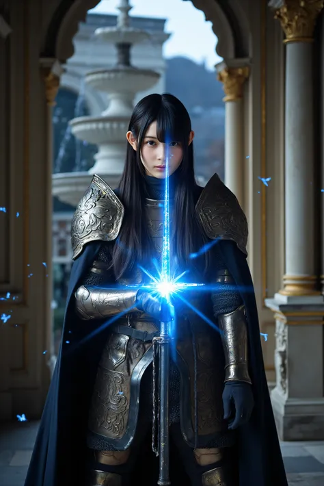 Knights Templar holding a blue glowing sword Highest Quality best quality Intense Flash Blue fireflies Palace of Versailles female 重厚感のある鎧