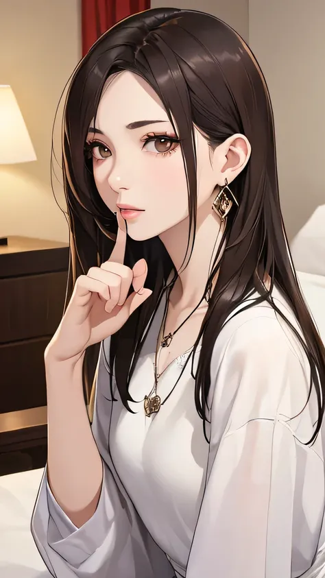 Put your hand in front of your mouth:1.5、、Fingers in a gripping pose:1.3、:1.5、、worried expression１.3、Climax facial expression 1 .3、0.5 point .3、hollow gaze:1.3、pure white skin、Dark brown long hair、adult face、Long face、high nose、tall:1.4、high resolution eye...