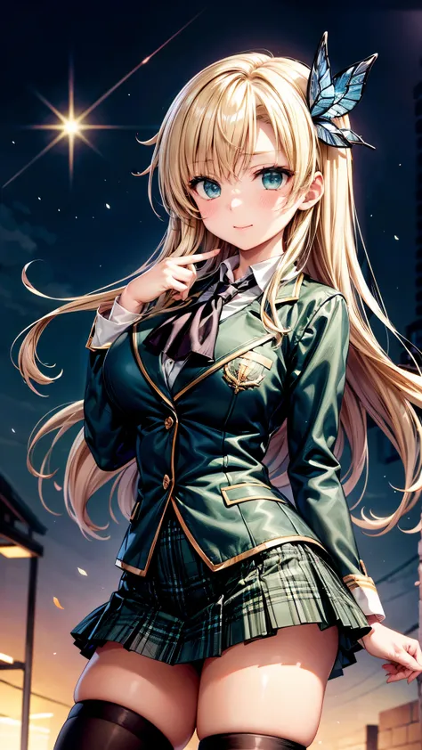 柏崎星奈，(masterpiece:1.5)，32kウルトラHD，detail face，((aasena, blonde long hair, hair ornament, large breasts, black neckerchief, blazer, green jacket, plaid skirt, green miniskirt,thighhigh stocking))，異性を魅了するポーズ，世界一の美少女，二重瞼，美しい睫毛，ナチュラルメイク，((笑顔，片目を閉じて))，完璧な解剖学，最新鋭...