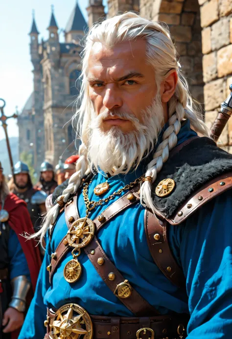male, dwarf, cleric, paladin, casting a spell ,wearing heavy black armor with spikes , wearing an eye patch, blue cloak with sun symbol, flowing holy symbol, long hair , white hair, long braided beard, (there is a red strands in the beard), frown, serious,...