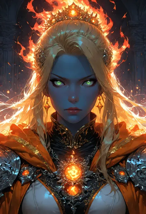 portrait of a female cleric ((dark blue skin)), intense details facial details, exquisite beauty, cleric, (dark blue skin)) female, ((yellow hair)), long hair, (((no ears))), (green eyes), armed with a fiery sword red fire, wearing (twilight priestly comba...